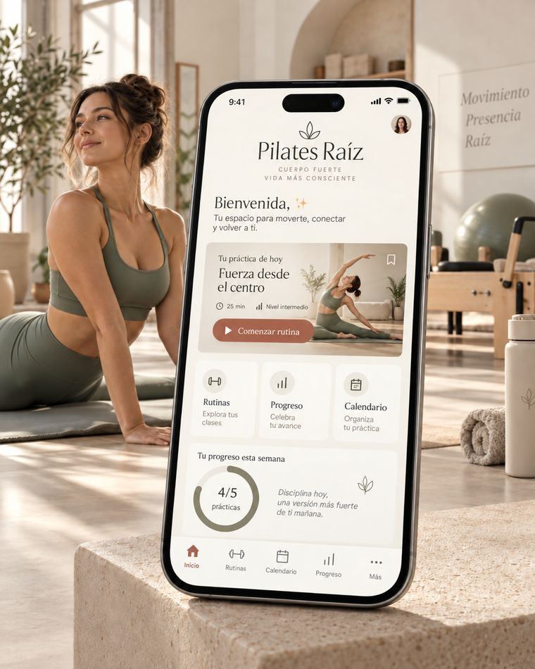 Celular con la app Pilates Raíz abierta en la práctica de hoy, con una mujer practicando detrás