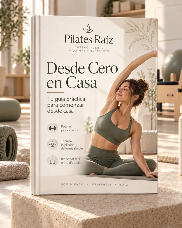 Libro Pilates Raíz Desde Cero en Casa apoyado sobre un banco, en un estudio luminoso