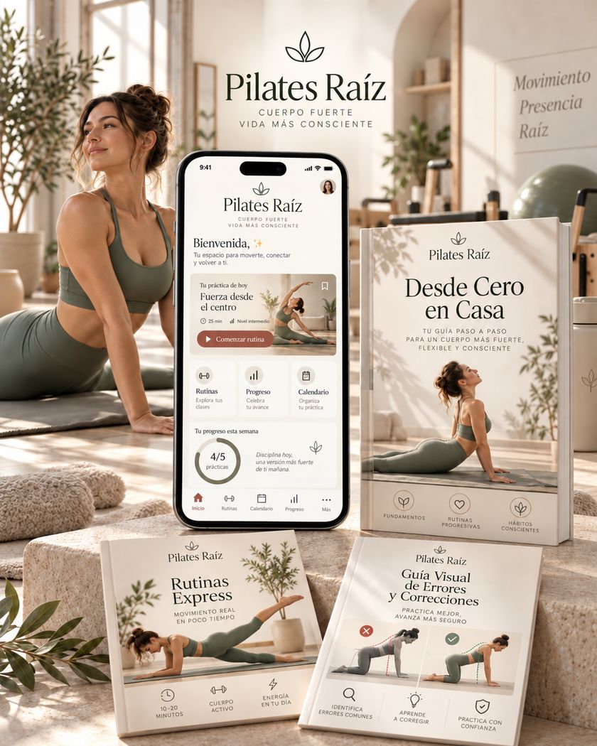 Celular con la app Pilates Raíz, el eBook Desde Cero en Casa y los bonos Rutinas Express y Guía Visual de Errores y Correcciones, con una mujer practicando detrás